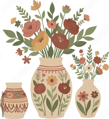 Create Boho vase and flowers set. Naive minimalist abstract floral elements for branding, social media designs. Botanical earthy prints, summer or spring flower arrangement frame silhouette. Cut out 