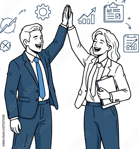Create Business people celebrate success in work collaboration together, giving high five with joy. Unity and support between colleagues employees concept. Line vector illustration isolated on white B