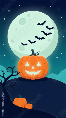 Halloween jack o lantern with full moon and flying bats