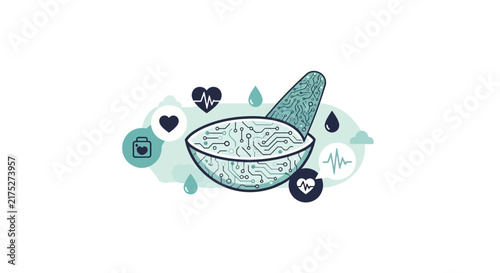 Digital Biotech Illustration: Mortar and Pestle with Circuit Patterns and Medical Icons