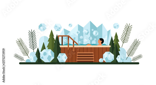 Winter Wellness Illustration: Man Relaxing in Outdoor Wooden Hot Tub in Snowy Forest Setting