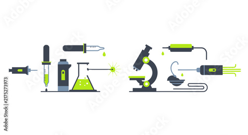 Modern Laboratory Equipment and Scientific Research Tools Flat Vector Illustration with Microscope, Flask, and Pipettes
