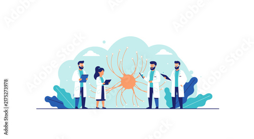 Flat vector illustration of medical scientists analyzing a neural network for biotech and healthcare research.