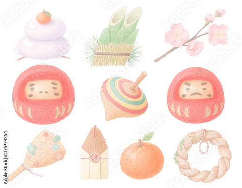 だるま・鏡餅・門松・独楽などかわいいお正月の縁起物 色鉛筆イラストセット