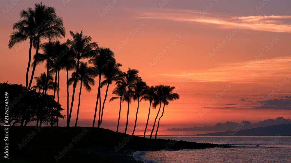 Obraz premium Golden Hour Coastline Panorama: Warm Sky Gradient and Silhouettes