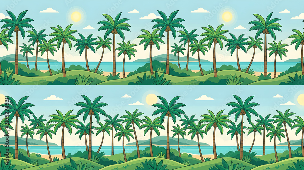 Tropical seamless landscape pattern with rows of green palm trees, blue water and sunny sky, creating a vibrant paradise background for textiles and decor