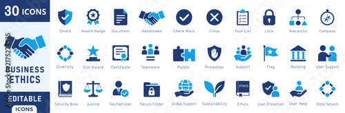 Business Ethics and Teamwork Security Vector Icon Set for Corporate Compliance and Organization Management. business ethics, corporate compliance, teamwork