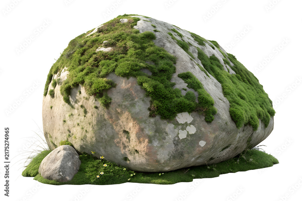 Fototapeta premium Mossy Natural River Stone Rock Boulder Front View Isolated White Background