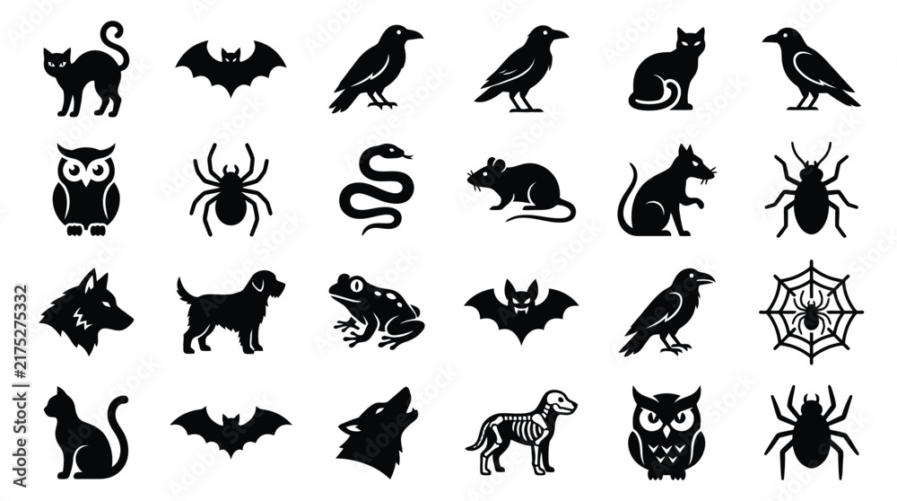 Naklejka premium Collection of halloween and spooky animal silhouettes for dark themed graphic design projects