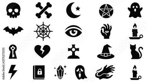 Witchcraft and magical ritual icons for fantasy themed halloween graphic design and illustration