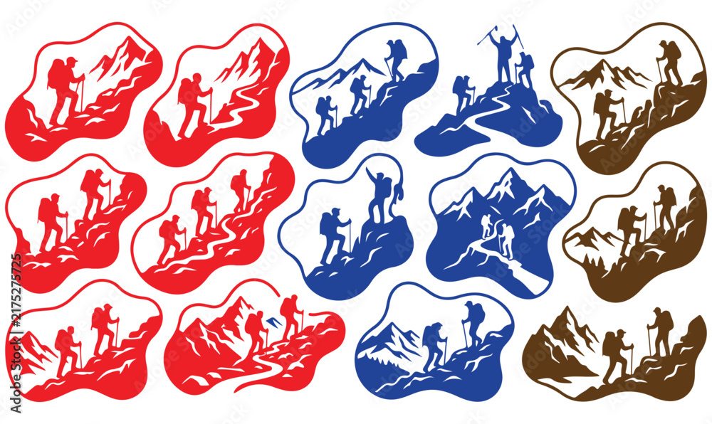 Obraz premium Vector set of mountain hiking and climbing badges with hiker silhouettes for outdoor adventure designs