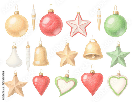 カラフルなクリスマスオーナメントのかわいい手描きイラストセット