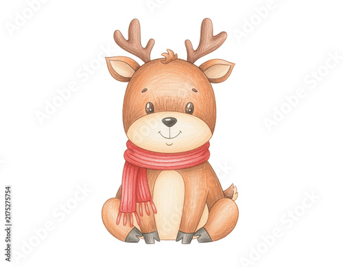 赤いマフラーを巻いたかわいいトナカイの手描きクリスマスイラスト