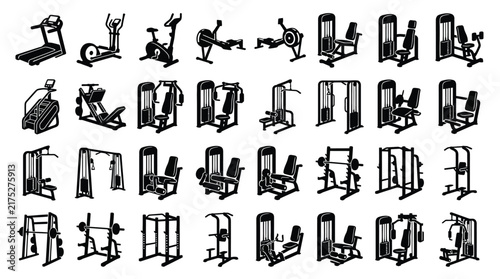 Collection of black silhouette gym equipment icons for strength training and cardio machines
