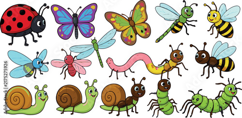 Cute insects. Cartoon bugs. Funny kids insect character. Comic ladybug, butterfly, dragonfly, bee, happy snail, ant, worm, spider, caterpillar. Vector different bug set on white Background