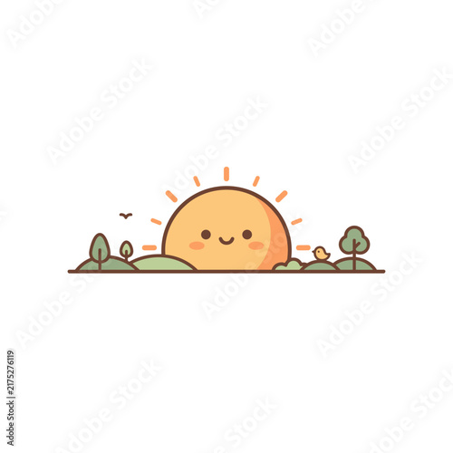 Minimalist cute sun character rising over a simple horizon landscape.