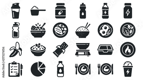 Healthy nutrition and sports supplement vector icons for fitness diet and meal planning