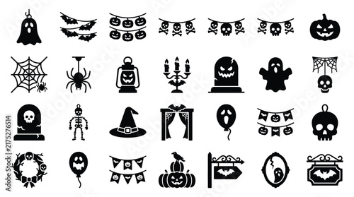 Festive halloween party and hanging decoration silhouette icons for seasonal design