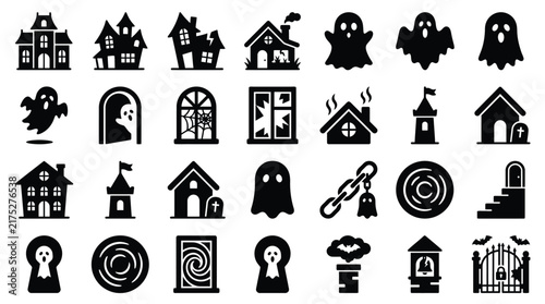 Haunted house and spooky architecture silhouette icons for halloween themed design