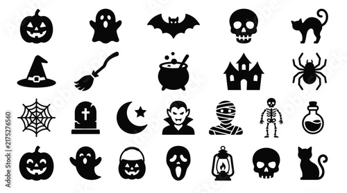 Set of black halloween flat icons featuring ghosts pumpkins skeletons and spooky holiday symbols