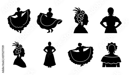 Set of 8 Diverse Female Dancers Silhouettes, Traditional Folk Costume Icons, Festive Celebration Vector Graphics