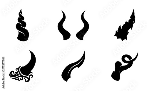 Set of 6 Black Horn Icons, Fantasy Creature Antlers, Devil Ram Goat Symbols, Vector Elements