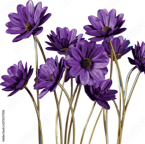 Decorative purple flowers with golden stems on blue Background