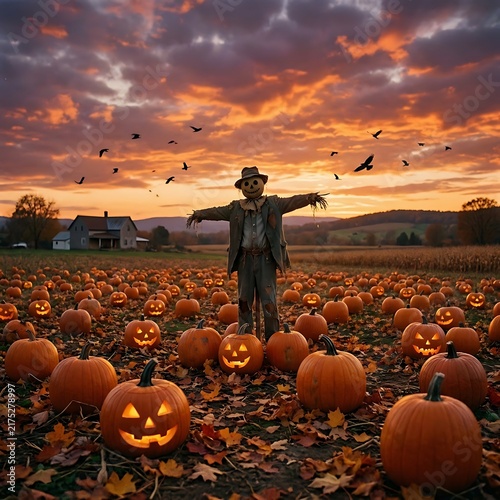Scarecrow standing in a pumpkin patch during a sunset