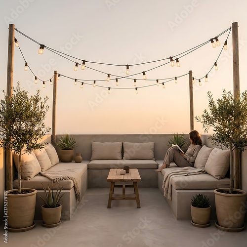 Woman reading a book on a terrace lounge at sunset
