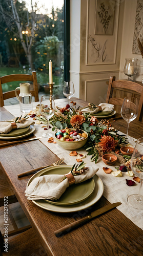 Elegant autumn table setting with floral centerpiece and warm lighting