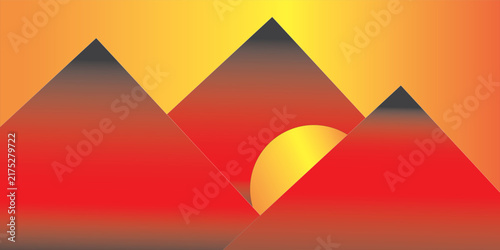 Sunset Mountains Geometric Vector Illustration with Golden Sun