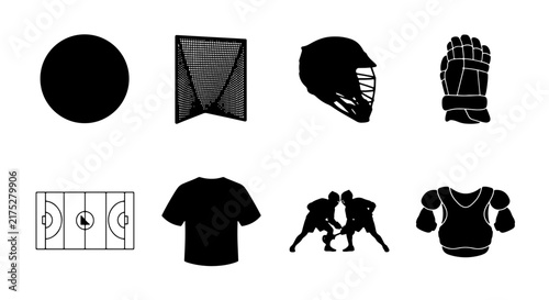 Lacrosse Sport Equipment Icons Set, Vector Graphics, Black and White Silhouette Collection for Athletic Design
