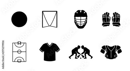 Lacrosse Sport Icons Set, Vector Graphics for Team Play, Equipment, and Field Elements, Black and White Collection