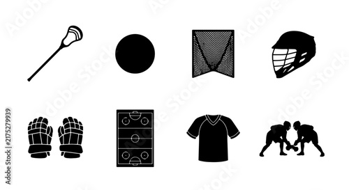 Lacrosse Sport Equipment Icons, Vector Set: Stick, Ball, Net, Helmet, Gloves, Field, Jersey, Players. Graphic Elements for Sports Design.
