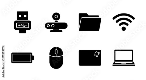 Modern Technology Icons: USB Drive, Webcam, Folder, Wi-Fi, Battery, Mouse, Card, Laptop - Vector Set for Digital Concepts