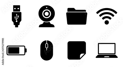 Technology Icons: USB Drive, Webcam, Folder, Wi-Fi, Battery, Mouse, Document, Laptop Set, Digital Symbols, Computer Accessories, Connectivity Graphics
