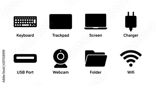 Tech Gadget Icons: Keyboard, Trackpad, Screen, Charger, USB Port, Webcam, Folder, Wifi Symbols, Vector Set for Digital Concepts