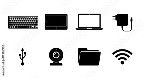 Modern Technology Icons Set: Laptop, Keyboard, Webcam, USB, Wi-Fi, Charger, Folder, Vector Graphics for Digital Concepts