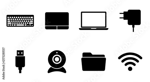 Modern Technology Icons: Keyboard, Laptop, Webcam, Wi-Fi, USB, Charger, Trackpad, Folder Vector Set