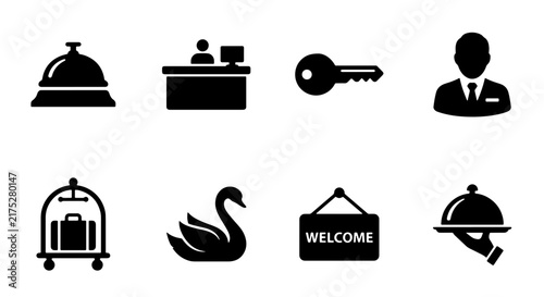 Hotel Service Icons: Bellhop, Receptionist, Key, Guest, Luggage Cart, Swan, Welcome Sign, Room Service Tray - Vector Set