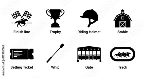 Horse Racing Icons Set: Finish Line, Trophy, Helmet, Stable, Betting Ticket, Whip, Gate, Track, Equestrian Sports Vector Graphics