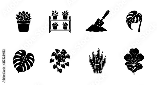 Set of 8 Black and White Houseplant Icons, Potted Plants, Gardening Tools, and Leaf Silhouettes for Botanical and Home Decor Design
