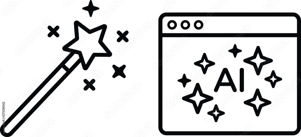 Fototapeta premium Artificial intelligence and AI tool vector illustration with magic wand and browser window.