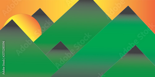 Geometric Green Valley Sunrise Vector Graphic for Travel Banner