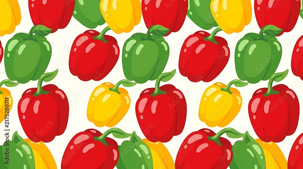 Colorful pattern of fresh red green and yellow bell peppers arranged in a vibrant repeating summer food design
