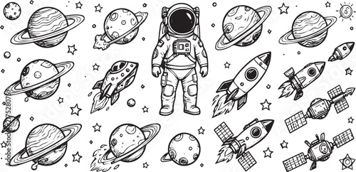 Doodle space elements. Hand drawn outer cosmos stickers. Sketch galactic objects, astronaut, planets, rockets, UFO, spaceships, stars, satellites. Vector astronomy universe set on white background
