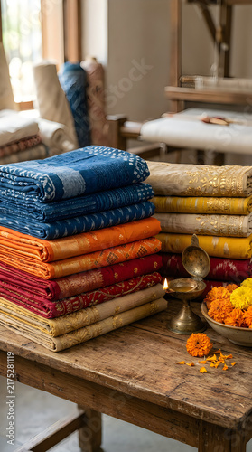 Colorful stack of traditional indian textiles and floral offering