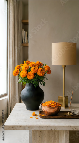 Still life with marigolds lamp and bowl of flowers