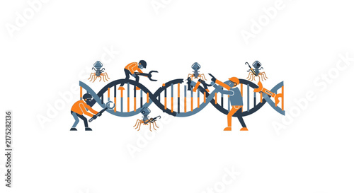 DNA Genetic Engineering Illustration with Technicians Repairing Double Helix Structure and Bacteriophages