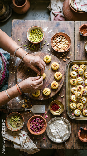 Hands decorating traditional middle eastern cookies with pistachios and nuts